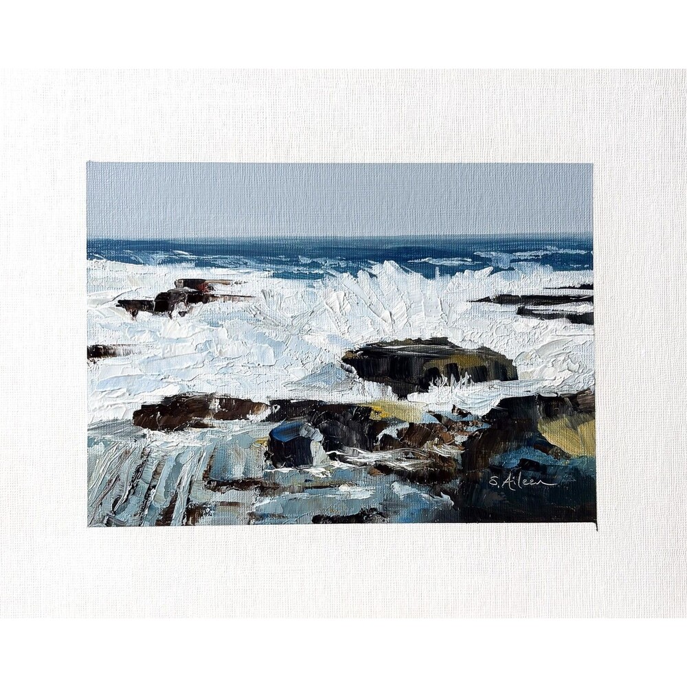 READ 8x10 Maine Original Oil Landscape Painting Rocky Coast Ocean Waves Signed